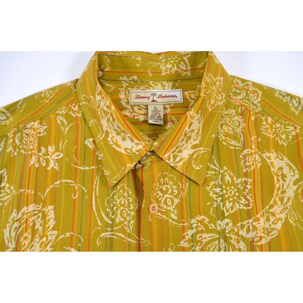 Tommy Bahama Tencel Men's XL‎ Gold Floral Striped Short Sleeve Button Front